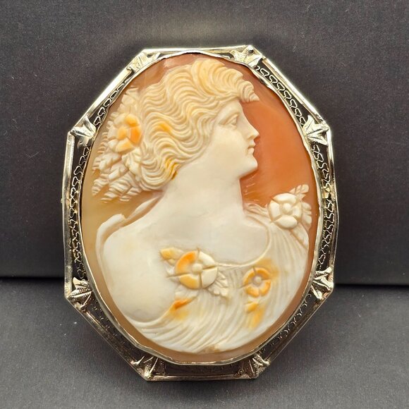 Estate Jewelry - Antique 14K White Gold Cameo Brooch/Pendant 2" Filigree Frame 13.72g 44x36mm